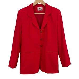 Vintage Cherry Red Blazer Womens 11 M Fitted Classic Shoulder Pads Gold Accents